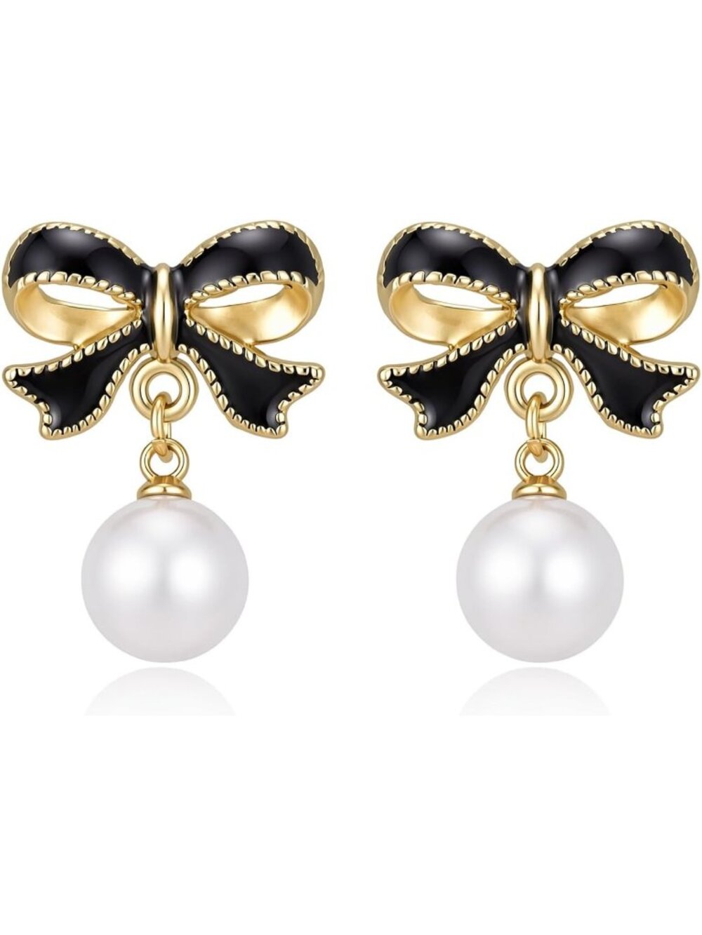 Women's Gold Plated Black Enamel Bow Pearl Drop Dangle Earrings Elegant Jewelry